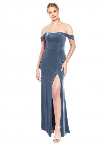 Bleu poussiéreux Trapèze Épaule Dénudée Sans bretelle Velours Stretch Longue Robes demoiselle d'honneur / Robes de bal Pas Cher