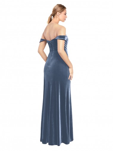 Bleu poussiéreux Trapèze Épaule Dénudée Sans bretelle Velours Stretch Longue Robes demoiselle d'honneur / Robes de bal