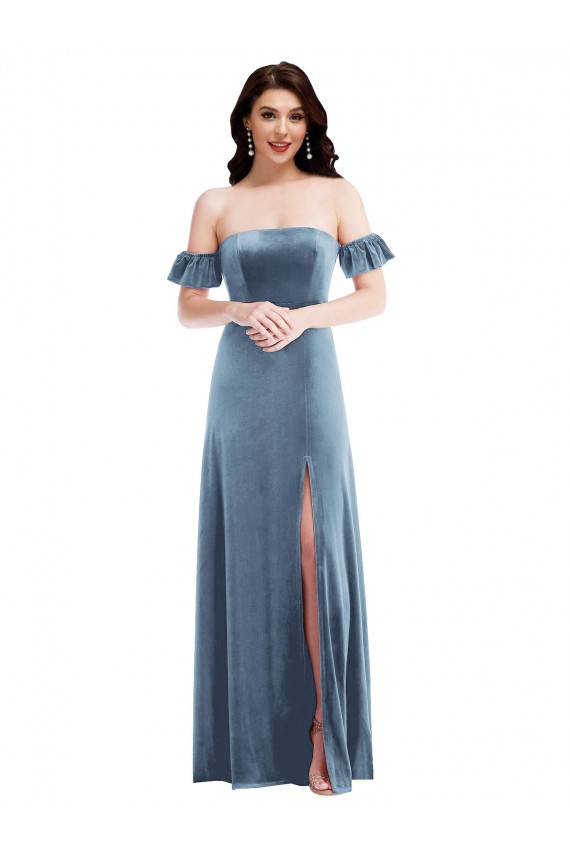 Bleu poussiéreux Trapèze Épaule Dénudée Velours Stretch Longue Robes demoiselle d'honneur / Robes de bal Pas Cher