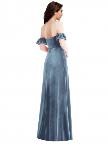 Bleu poussiéreux Trapèze Épaule Dénudée Velours Stretch Longue Robes demoiselle d'honneur / Robes de bal