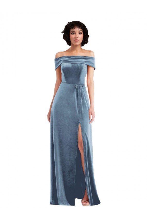 Bleu poussiéreux Trapèze Épaule Dénudée Velours Stretch Longue Robes demoiselle d'honneur / Robes de bal Pas Cher