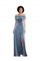 Bleu poussiéreux Trapèze Épaule Dénudée Velours Stretch Longue Robes demoiselle d'honneur / Robes de bal Pas Cher