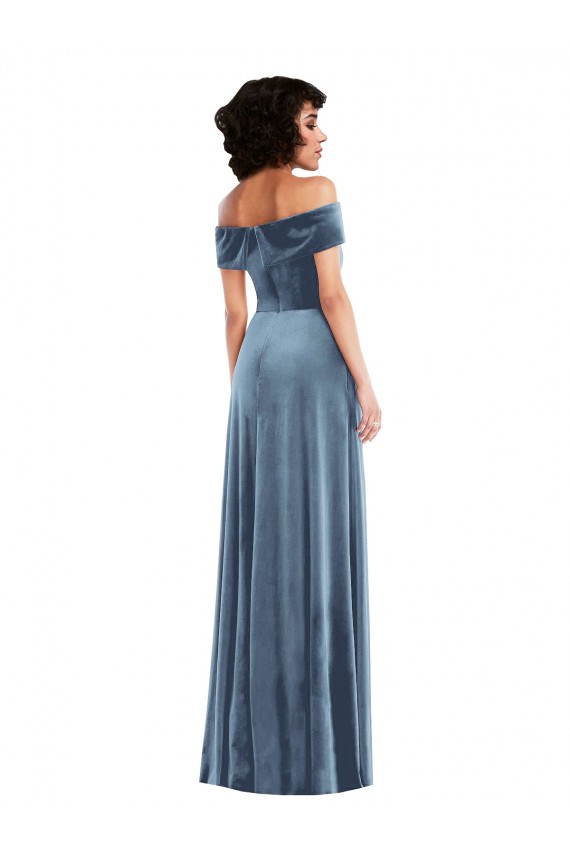 Bleu poussiéreux Trapèze Épaule Dénudée Velours Stretch Longue Robes demoiselle d'honneur / Robes de bal Pas Cher
