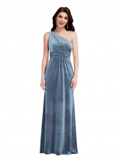 Bleu poussiéreux Trapèze Épaule Dénudée Velours Stretch Longue Robes demoiselle d'honneur / Robes de bal Pas Cher
