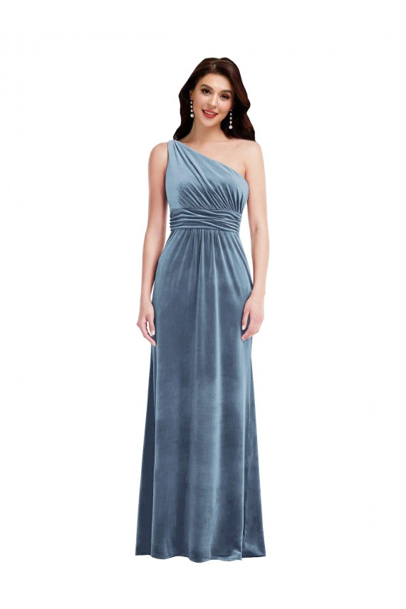Bleu poussiéreux Trapèze Épaule Dénudée Velours Stretch Longue Robes demoiselle d'honneur / Robes de bal Pas Cher