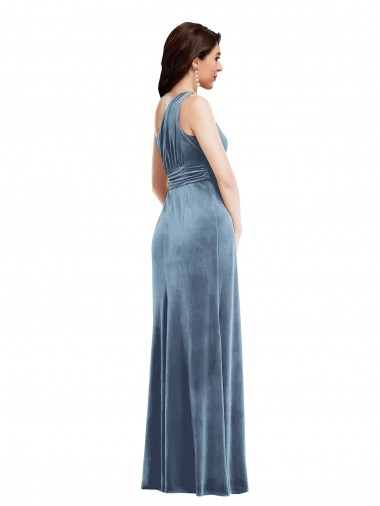 Bleu poussiéreux Trapèze Épaule Dénudée Velours Stretch Longue Robes demoiselle d'honneur / Robes de bal