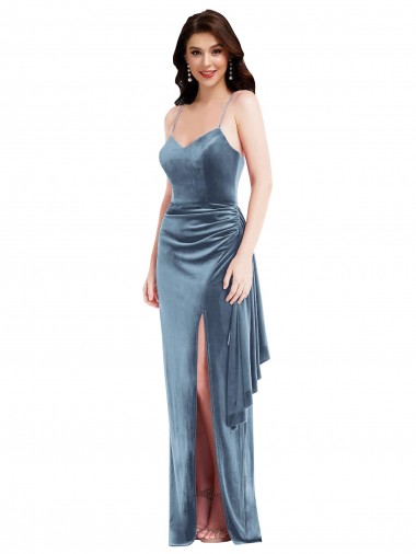 Bleu poussiéreux Trompette Bretelles spaghetti Velours Stretch Longue Formelles Robes demoiselle d'honneur / Robes de soirée / Robes de bal Pas Cher