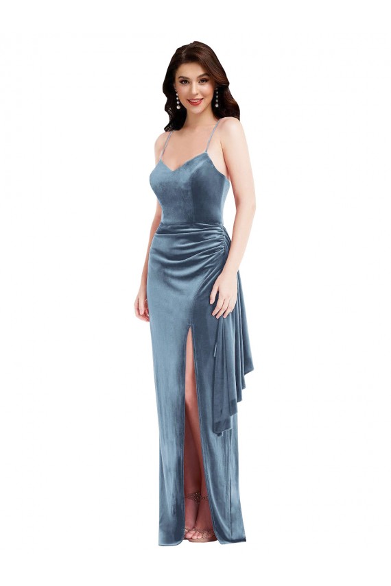 Bleu poussiéreux Trompette Bretelles spaghetti Velours Stretch Longue Formelles Robes demoiselle d'honneur / Robes de soirée / Robes de bal Pas Cher