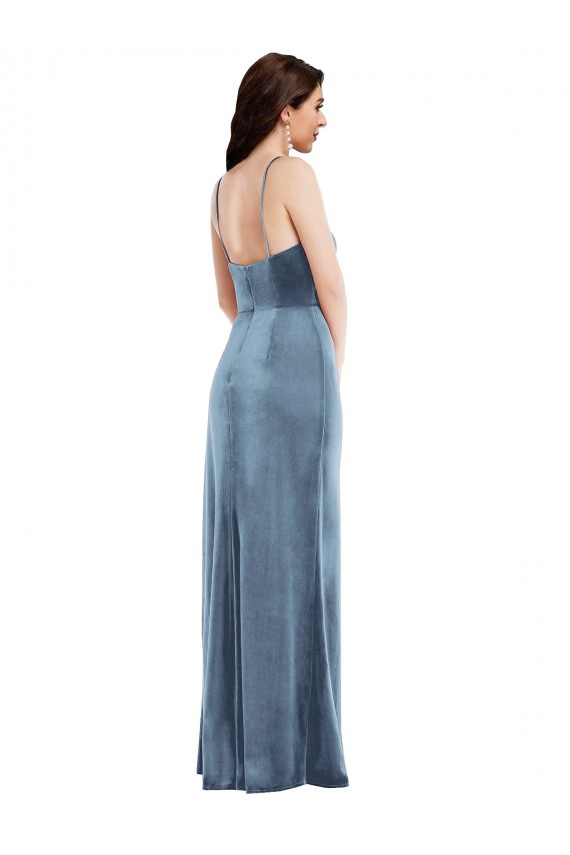 Bleu poussiéreux Trompette Bretelles spaghetti Velours Stretch Longue Formelles Robes demoiselle d'honneur / Robes de soirée / Robes de bal Pas Cher