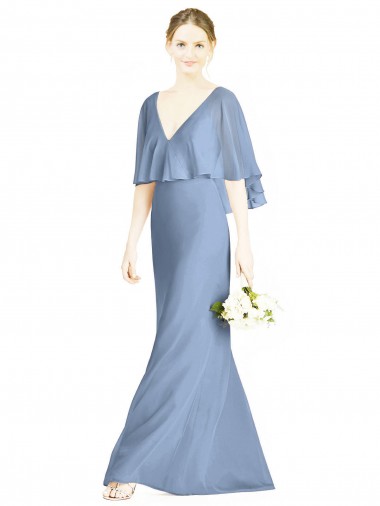 Bleu poussiéreux Trompette Col V Mousseline Longue Robes demoiselle d'honneur Pas Cher