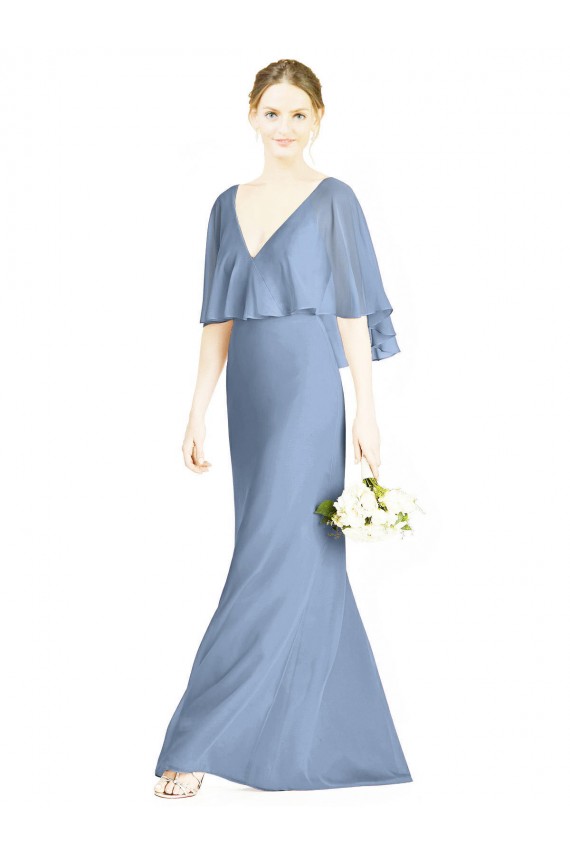 Bleu poussiéreux Trompette Col V Mousseline Longue Robes demoiselle d'honneur Pas Cher