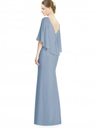 Bleu poussiéreux Trompette Col V Mousseline Longue Robes demoiselle d'honneur