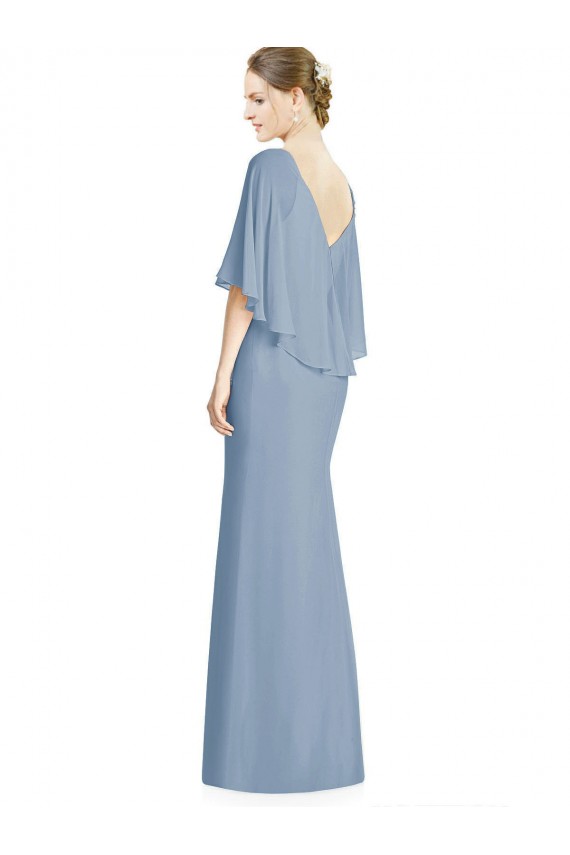 Bleu poussiéreux Trompette Col V Mousseline Longue Robes demoiselle d'honneur Pas Cher