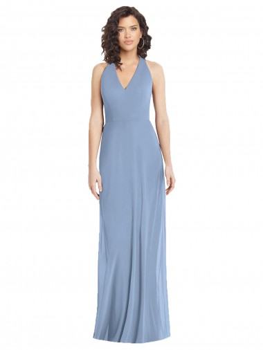 Bleu poussiéreux Trompette Licou Col V Mousseline Longue Formelles Robes demoiselle d'honneur / Robes de soirée Pas Cher