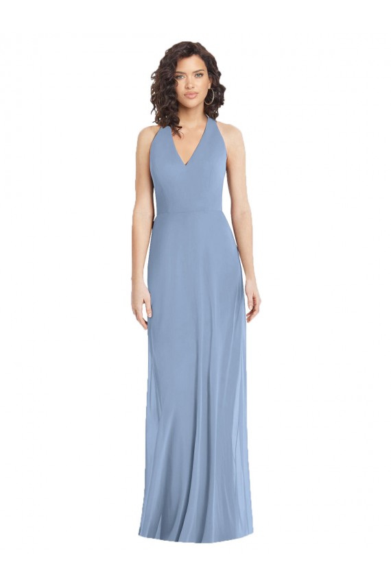 Bleu poussiéreux Trompette Licou Col V Mousseline Longue Formelles Robes demoiselle d'honneur / Robes de soirée Pas Cher