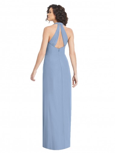 Bleu poussiéreux Trompette Licou Col V Mousseline Longue Formelles Robes demoiselle d'honneur / Robes de soirée