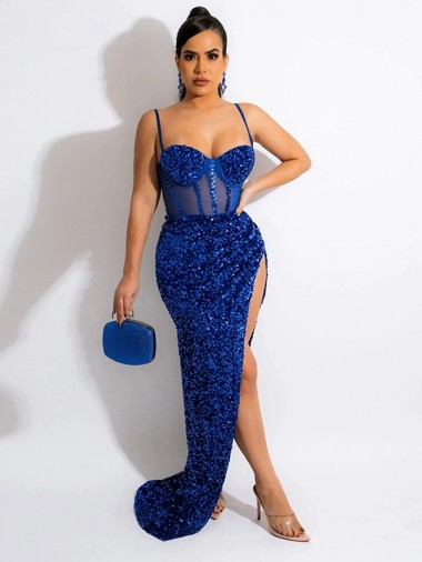 Bleu roi Fourreau Bretelles spaghetti Balayage train Paillettes Velours Longue Robes de bal Pas Cher