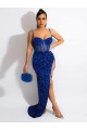 Bleu roi Fourreau Bretelles spaghetti Balayage train Paillettes Velours Longue Robes de bal Pas Cher