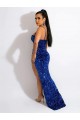Bleu roi Fourreau Bretelles spaghetti Balayage train Paillettes Velours Longue Robes de bal Pas Cher