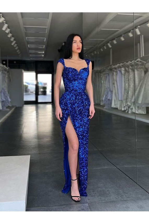 Bleu roi Fourreau Bretelles spaghetti Balayage train Paillettes Velours Longue Robes de bal Pas Cher