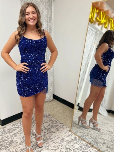Bleu roi Fourreau Bretelles spaghetti Courte Paillettes Velours Courte Robes de bal Pas Cher
