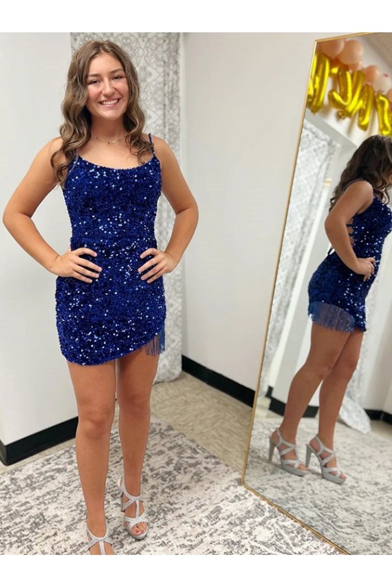 Bleu roi Fourreau Bretelles spaghetti Courte Paillettes Velours Courte Robes de bal Pas Cher