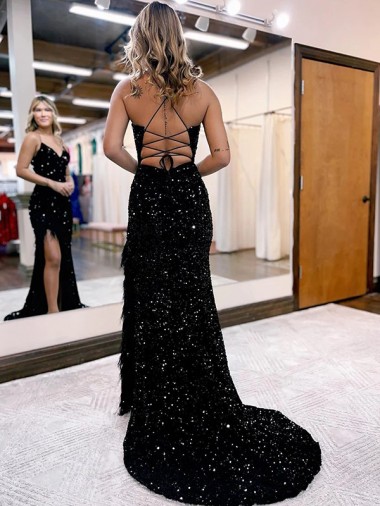 Bleu roi Fourreau Col V Balayage train Paillettes Velours Longue Robes de bal