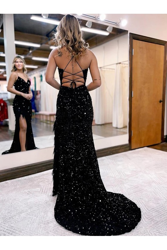 Bleu roi Fourreau Col V Balayage train Paillettes Velours Longue Robes de bal Pas Cher