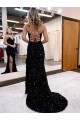 Bleu roi Fourreau Col V Balayage train Paillettes Velours Longue Robes de bal Pas Cher