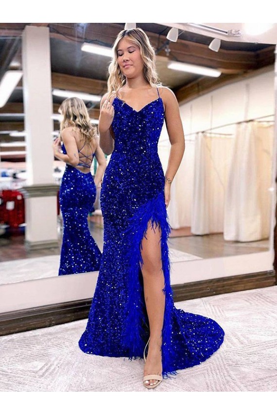Bleu roi Fourreau Col V Balayage train Paillettes Velours Longue Robes de bal Pas Cher