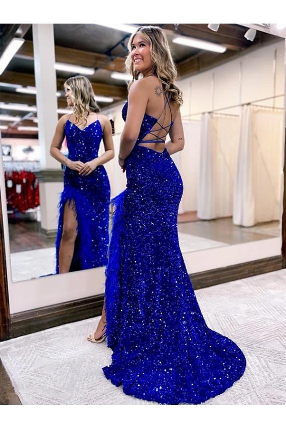 Bleu roi Fourreau Col V Balayage train Paillettes Velours Longue Robes de bal Pas Cher