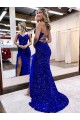 Bleu roi Fourreau Col V Balayage train Paillettes Velours Longue Robes de bal Pas Cher