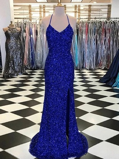 Bleu roi Fourreau Col V Balayage train Paillettes Velours Longue Robes de bal Pas Cher