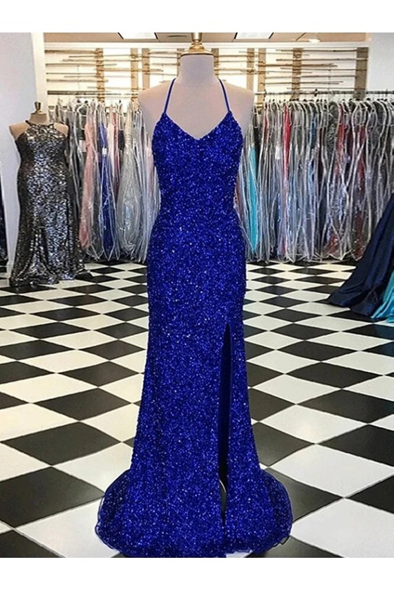 Bleu roi Fourreau Col V Balayage train Paillettes Velours Longue Robes de bal Pas Cher