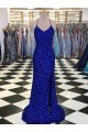 Bleu roi Fourreau Col V Balayage train Paillettes Velours Longue Robes de bal Pas Cher