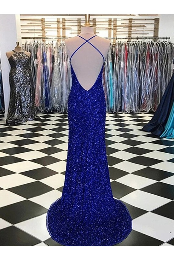 Bleu roi Fourreau Col V Balayage train Paillettes Velours Longue Robes de bal Pas Cher