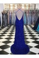 Bleu roi Fourreau Col V Balayage train Paillettes Velours Longue Robes de bal Pas Cher
