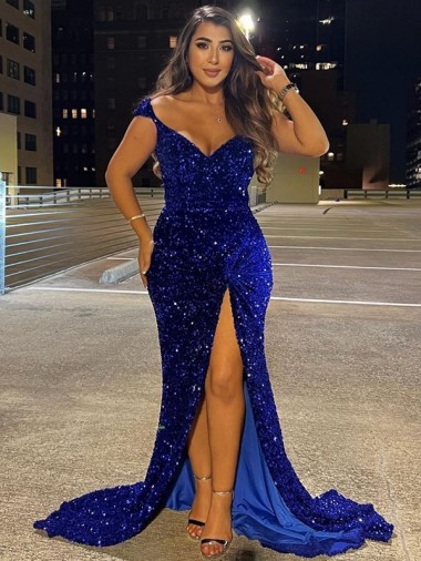 Bleu roi Fourreau Col V Balayage train Paillettes Velours Longue Robes de bal Pas Cher