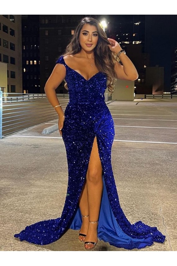 Bleu roi Fourreau Col V Balayage train Paillettes Velours Longue Robes de bal Pas Cher