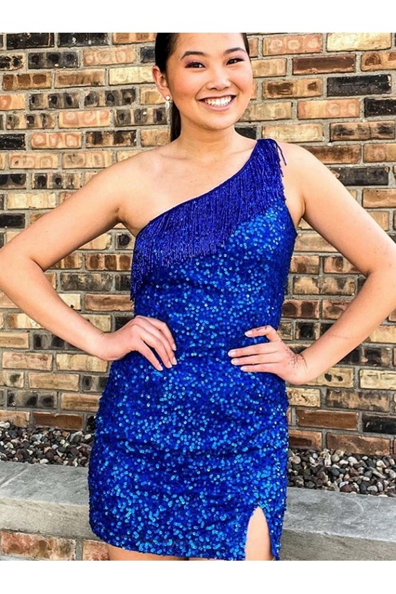 Bleu roi Fourreau Courte Paillettes Velours Courte Robes de bal Pas Cher