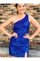 Bleu roi Fourreau Courte Paillettes Velours Courte Robes de bal Pas Cher
