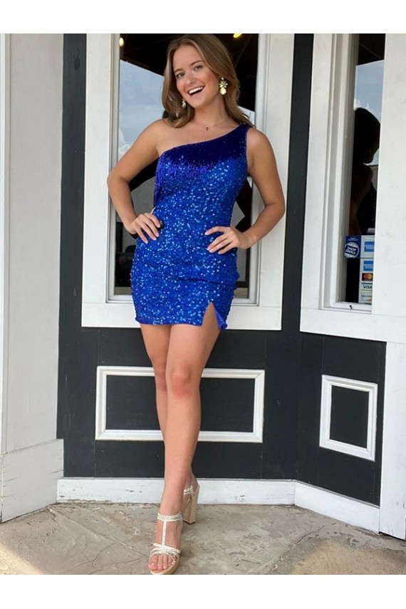 Bleu roi Fourreau Courte Paillettes Velours Courte Robes de bal Pas Cher
