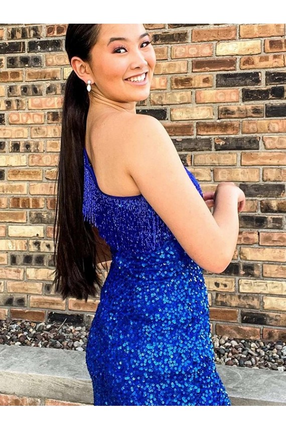Bleu roi Fourreau Courte Paillettes Velours Courte Robes de bal Pas Cher