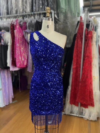 Bleu roi Fourreau Courte Paillettes Velours Courte Robes de bal Pas Cher