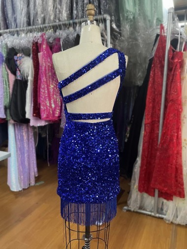Bleu roi Fourreau Courte Paillettes Velours Courte Robes de bal