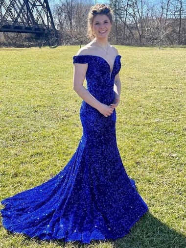 Bleu roi Fourreau Épaule Dénudée Balayage train Paillettes Velours Longue Robes de bal Pas Cher