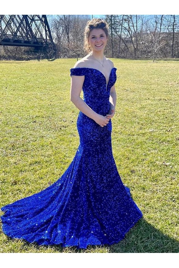 Bleu roi Fourreau Épaule Dénudée Balayage train Paillettes Velours Longue Robes de bal Pas Cher