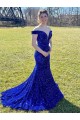 Bleu roi Fourreau Épaule Dénudée Balayage train Paillettes Velours Longue Robes de bal Pas Cher