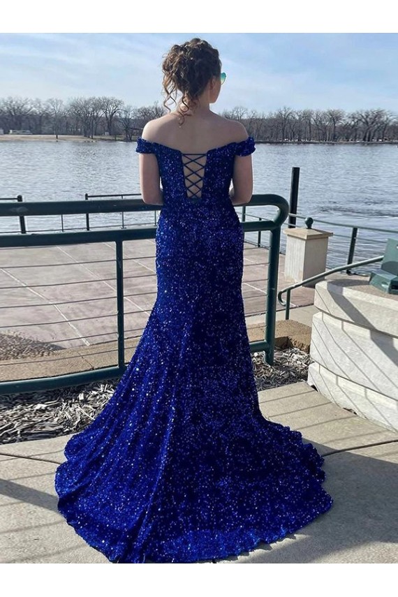 Bleu roi Fourreau Épaule Dénudée Balayage train Paillettes Velours Longue Robes de bal Pas Cher