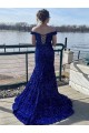 Bleu roi Fourreau Épaule Dénudée Balayage train Paillettes Velours Longue Robes de bal Pas Cher